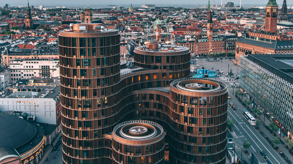 Axel Towers in central Copenhagen features a restaurant and bar on the top floors.
