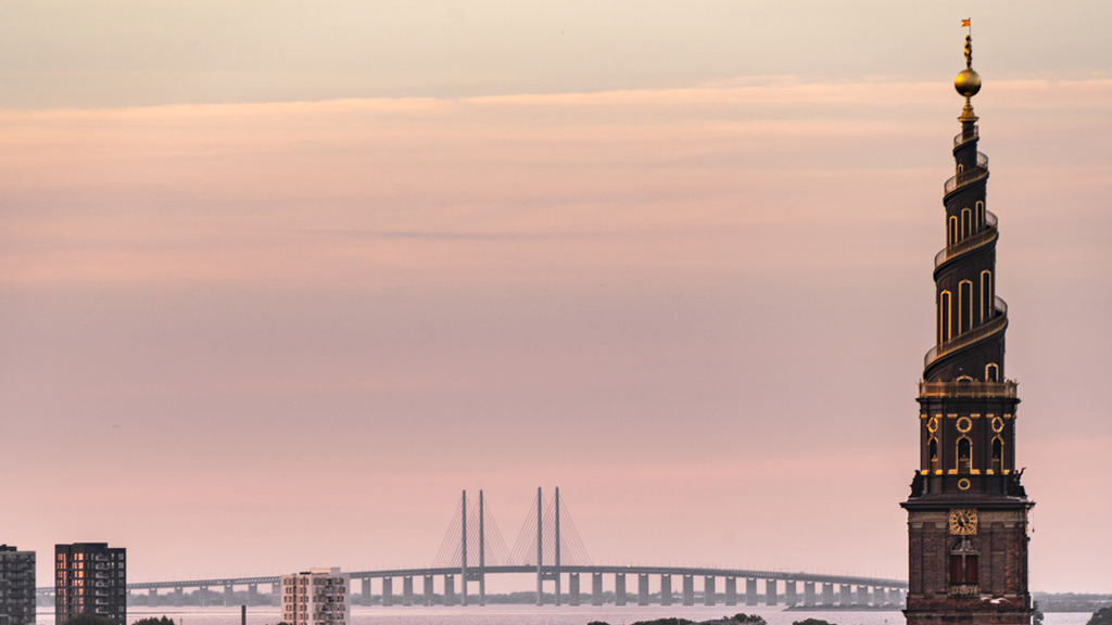Church of our Saviour and The Great Belt Bridge, Øresudsbroen, in the background crossing the sound to Sweden.